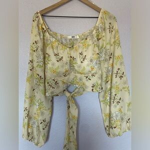 Cream and floral puff sleeve crop top with back tie